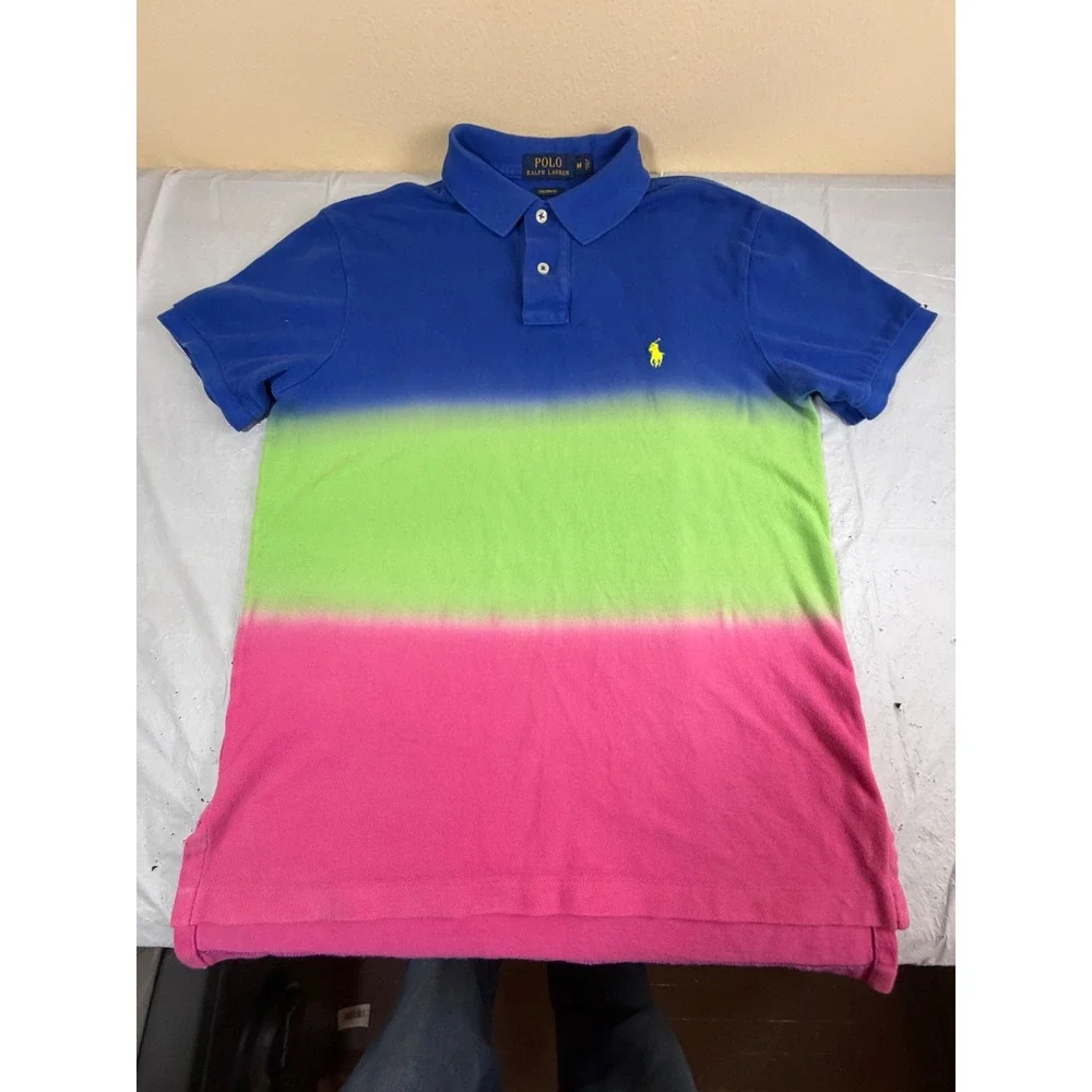 Polo Ralph Lauren Mens Custom Fit Ombre Polo Shirt Blue Green Pink Size M